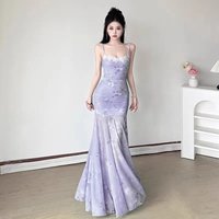 Women's Lavender Tie Dye Mermaid Maxi Dress Sleeveless Lace Trim Spaghetti Strap Evening Gown