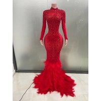 Luxury Sparkling Red Crystals Feathers Mermaid Long Sleeve Maxi Dress Women Formal Occasions Wedding Celebrate Party Prom Gown