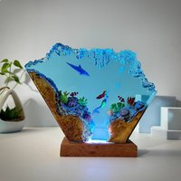 Dolphin Mermaid Resin Lamp Art Decorative Night Light Wood Base Home Decor