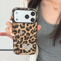 Fashion Retro Heart Star Rhinestone Leather Imitation Leopard Print Protective Cover Case For iPhone 17 16 15 14 Pro Max