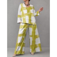 UOOZEE Women's Casual 2 Piece Set Contrast Color Printed V-Neck Long Sleeves Asymmetric Tops & High Waisted Wide Leg Pants