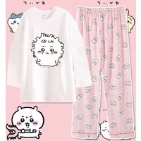 Anime Usagi Hachiware Sommer-Pyjama, dünn, mit Rundhalsausschnitt, lockeres, langärmliges Hemd und Hose, niedliches Cartoon-Muster, Haushaltskleidung