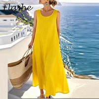 Elegant Sleeveless Long Dress Women Casual O Neck Solid Color Beach Holiday Dress Women Summer Loose Maxi Dresses Boho