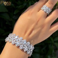 Pera Gorgeous Shiny White Cubic Zircon Bridal Wedding Open Cuff Bangle Ring Set for Women Luxury Banquet Party Accessories Z071
