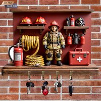 Fireman Key Hanger, 2D Flat Print Firefighter Gear Design Key Rack, Wall Mounted Key Holder for Firefighter Fans Entryway Decor