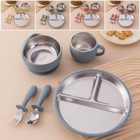 Couleur enfants 5 pièces ensemble d'alimentation pour bébé en acier inoxydable vaisselle en Silicone ventouse plats assiette bol fourchette d'entraînement cuillère tasse pour bébé
