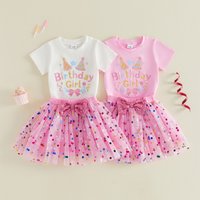 1-5Y Kids Girls Birthday Outfits Letter Embroidery Short Sleeve T-Shirt Elastic Tulle Skirt Set Toddler Kids Birthday Gifts
