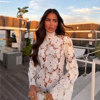 Fashion Crochet Hollow Out Lace Dresses 2026 Summer Long Sleeve High Collar Mini Dress Seaside Vacation Lady Party Gowns Female