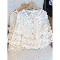 Elegant Embroidered Lace Shirt Women's Spring Summer plus Size Hollow out Button up Top French Style Straight Cut Thin Fabric