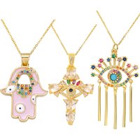Juya 18K Gold Plated Handicraft Rainbow Zircon Enamel Fatima Hamsa Hand Turkish Greek Evil Eye Pendant Women Necklace