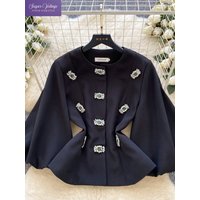French Fashion Elegant Luxury Crystal-Trim Short Jacket for Women Autumn Lantern-Sleeve Round-Neck Waist-Cinched Chic Tweed Tops