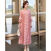 Miyake White Polka Dot Pleated Women's Dress Round Neck Three-quarter Sleeves A-line Casual Tatting Dresses Spring New 2DB7117