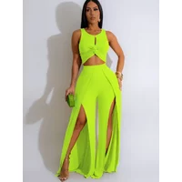 Doyerl Solid 2 Piece Set Woman Sexy Club Outfits Tank Sleeveless Draped Cut Out Crop Top and Split Wide Leg Pants Matching Sets