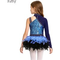 Kids Girls Jazz Latin Dance Performance Costume Rhinestone Feather Skirted Leotard Ballet Figure Skating Ballroom Dance Dress