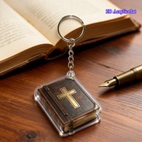 Retro-style 2D acrylic flat keychain with brown cover and gold cross design, a perfect choice for Bible enthusiasts.