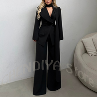 Klassisches schwarzes Damenanzug-Set, zweireihiger asymmetrischer Blazer, Hose mit Schal, formelles, elegantes zweiteiliges Büro-Outfit