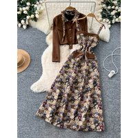 Women's Autumn Winter High Waist Print Dress Long Sleeve Deer Skin Velvet Jacket Fashionable Vintage Sensation Casual Wear
