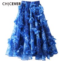CHICEVER Tie Dye Elegant Spliced Appliques Skirts for Women High Waist Patchwork Ruffles Flary Temperment Style Mid Skirt Female