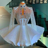 Customized Mini Party Cocktail Gowns Long Sleeves Feathers Lace Sequins Crystals Sparkly Ball Gown Luxury Short Prom Dresses