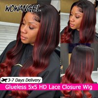WOWANGEL Red Ombre Color Highlight Human Hair Wigs 5X5 HD Lace Closure Wigs Put On And Go Glueless Wigs Pre Plucked For Women