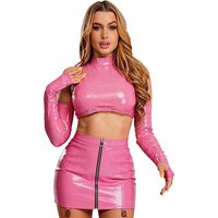 Womens Wet Look PU Leather Skirt Clubwear Long Sleeve Cutout Crop Top And Floral Lace Bodycon Miniskirt for Nightclub Rave Party