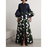 Modigirl Elegant Floral Printed Stand Collar Shirts Long Dresses Womens Spring Lantern Sleeves Single-Breasted Trench Coats
