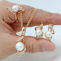 Kinel Luxury 585 Rose Gold Color Pendant Necklace Earrings Ring for Women Unique Hollow Pearl Bridal Wedding 3pcs Jewelry Set