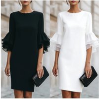 Elegant Party Dress Ladies Fashion O-neck Flared Sleeve Commuting Dress Summer Temperament Solid Color Midi Dress Vestidos