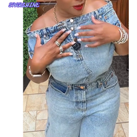 Women's Stylish Demin Jumpsuits Elegant Lady Ruffle Design Denim Jumpsuits One Piece Wrap Hips Washed Blue Tops & Long Pants