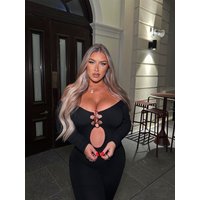 Women's Plain Cut Out Ring Linked Jumpsuit, Casual Long Sleeve Scoop Neck Jumpsuit for Club Music Festival, Ladies Clothes