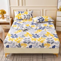 3PC Floral Fitted Sheet Set, Yellow Blue Leaf Printed Bedding Set with Pillowcases,