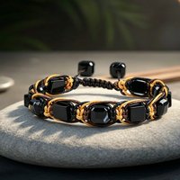 Men Natural Black Agate Obsidian Braided Adjustable Bracelet Healing Protective Crystal Gift For Male Father Businessman