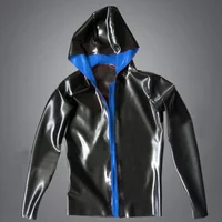 Men's Black Latex Catsuit Rubber Hooded Jacket Long Sleeve Casual Coat Gummi XS-XXL