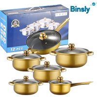 12-Piece Stainless Steel Cookware Set Metal Non-Stick Golden Handle Kitchenware Frying Pan and Cooking Pot Set for Kitchen Use