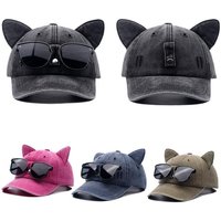 New Cute Cat Ears Pilot Hat With Glasses Baseball Cap Water Washed Baseball Cap Adjustable Outdoor Sunshade Sun Hats Unisex Gift