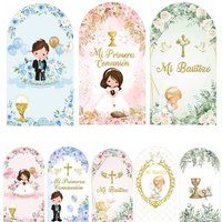 My First Communion Arch Backdrops Cover Flowers God Bless Holy Cross Dove Girl Boy Baptism Baby Shower Decor Arched Background