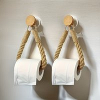 Rustic Hemp Rope Toilet Paper Holder - Self-Adhesive Wall Mount Bathroom Tissue Storage with Wooden Knob, Natural Braided