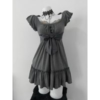 Gothic Lolita Mini Dress Women Puff Short Sleeve Square Neck Lace Trim Y2K Vintage Tiered Ruffle Hem Dark Lolita Casual Dress