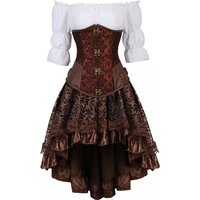 Steampunk Corset Dress Brown Pirate Costume Woman Skirt Plus Size Gothic Underbust Corset With Skirt Three Piece Set