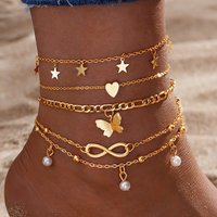 4 Pieces of Bohemian Butterfly Metal Pendant Anklets with Star and Heart Designs, Featuring Pearl Charm, Suitable for Women, Perfect for Summer Beach Jewelry Accessories