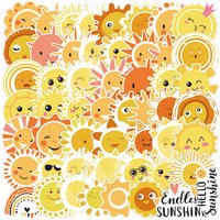 50Pcs Cute Cartoon Sun Stickers, Waterproof Self-Adhesive Creative Stickers for Guitar, Laptop, Phone, Water Bottle & DIY Decor