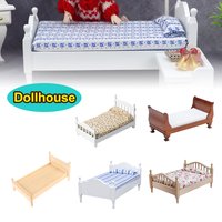 1/12 Dollhouse Wooden/Iron Mini Single/Double Bed Home Bedroom Furniture Toy Living Room Furniture Model Handmade Toy