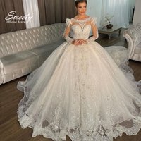 Luxury Wedding Dress Embroidered Lace On Net Beading With Ball Gown Princess O-Neck Full Sleeve Vestido De Novia Customized Chic