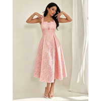 Women Casual Dress Sleeveless Embossed Floral A Line Midi Dresses Elegant Romantic Spring Summer Wedding Guest Breathable Dress