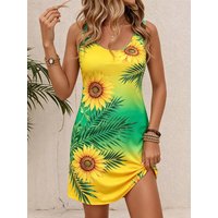 2026 Women's Round Neck Sleeveless Tropical Plumeria 3D Print Casual Bodycon Mini Dress, Beach Tank Dresses for Spring & Summer