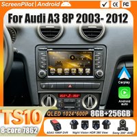 Pour Audi A3 8P 2003-2012 S3 RS3 Android 16 Autoradio Système Intelligent GPS Navigation Carplay Écran Tactile RDS 8 Cœurs Wifi 5G