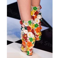 Colorful Appliques Pointy Toe Rivets Decor Boots Side Zipper Women Shoes Chunky High Heels Party Runway 2025 Zapatos Para Mujere