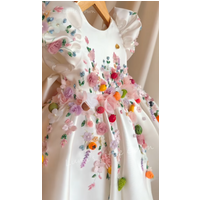 3D Flower Fruit Embellished Flower Girl Dress White Satin Puff Sleeve Kids Wedding Party Formal Gown