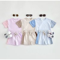 Summer Baby Boy Girl Solid Color Stitching Short Sleeve Top+Shorts Sets Outfits Children Tshirts Pants Suit Cotton Baby Clothes
