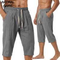 summer Men's Linen shorts pants Solid Color Casual Pants for Men Sport Breathable Baggy Pant Beach Lightweight Cotton Trousers